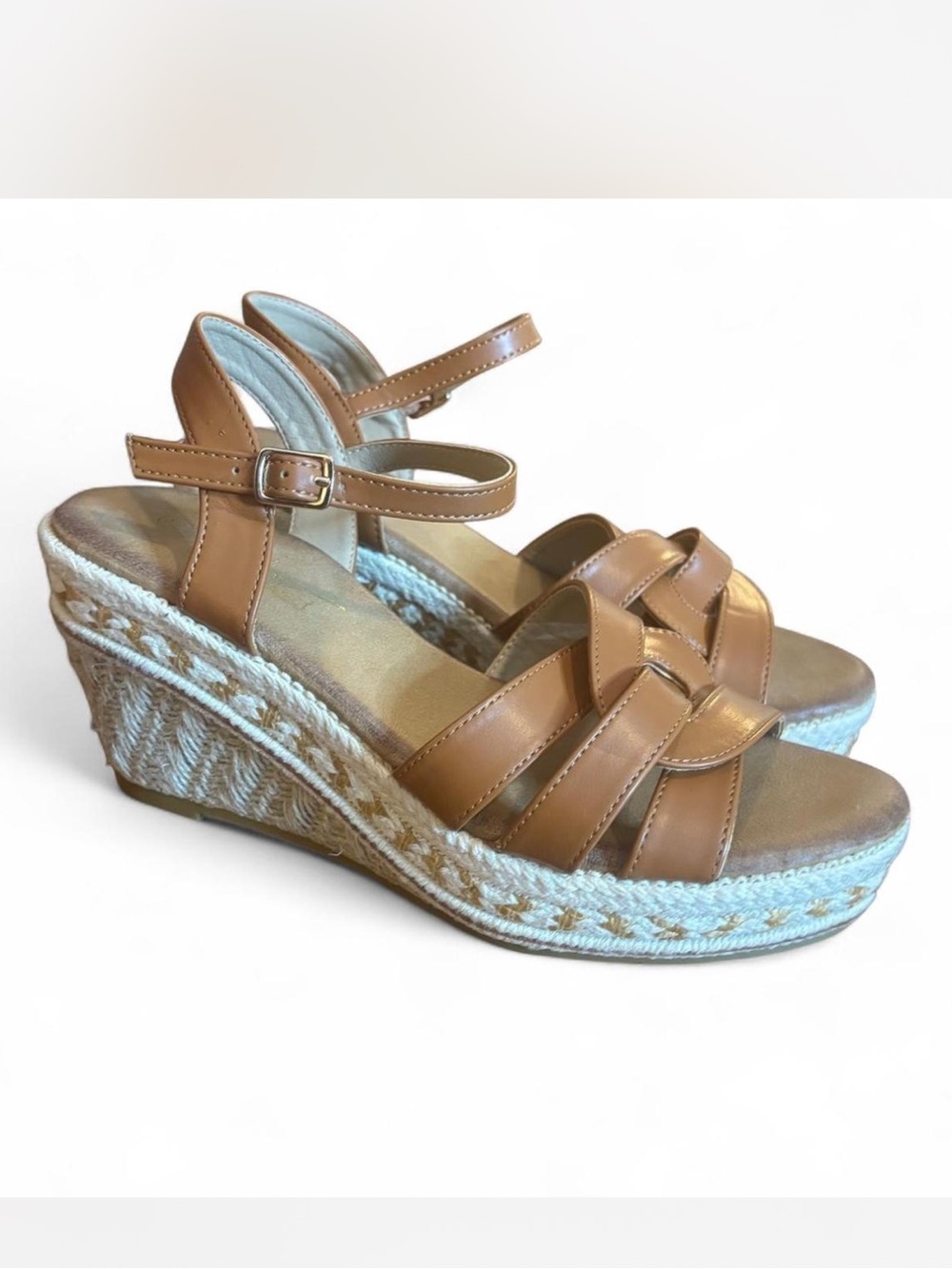 Women's boho Tan woven Wedge Sandals with Ankle Strap